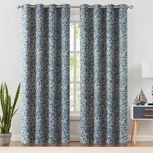 Room‎ Darkening Curtains Teal Blue Beige Floral Grommet Window Panels Set